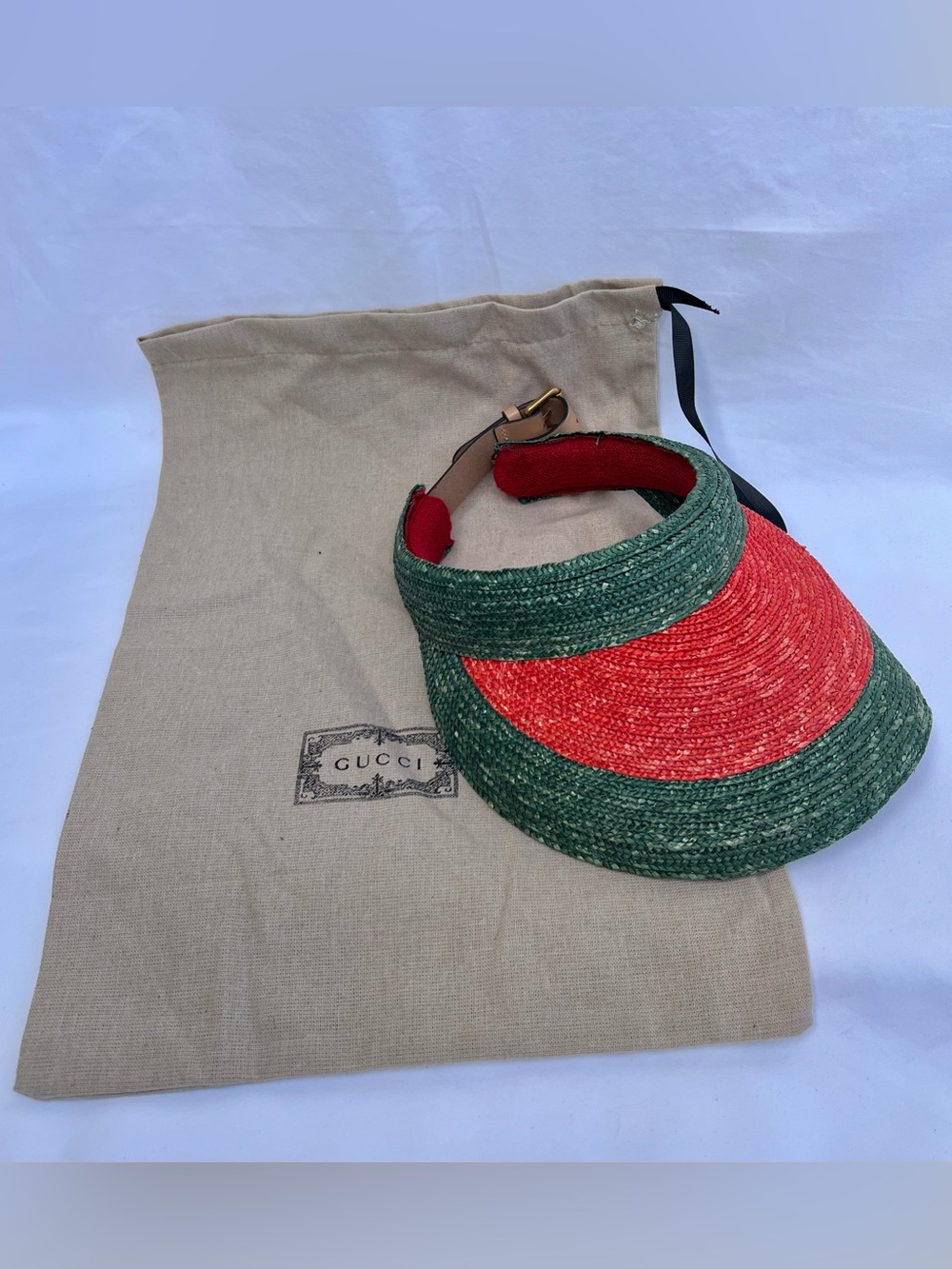 Gucci Women’s Straw Sunvisor Hat Cap Size M Green Red